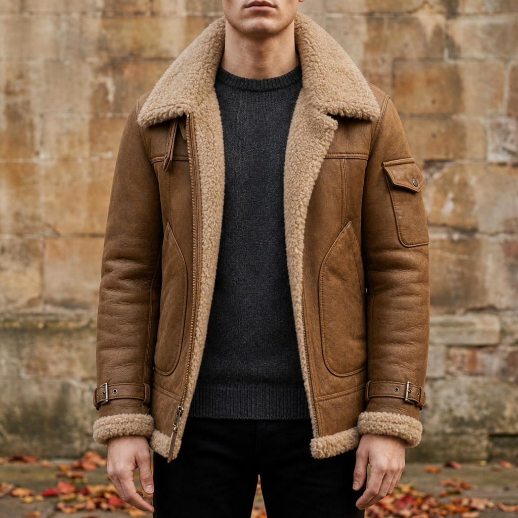 Brown shearling leather jacket with a plush lining, lapel collar, and utility pockets over a dark grey sweater.