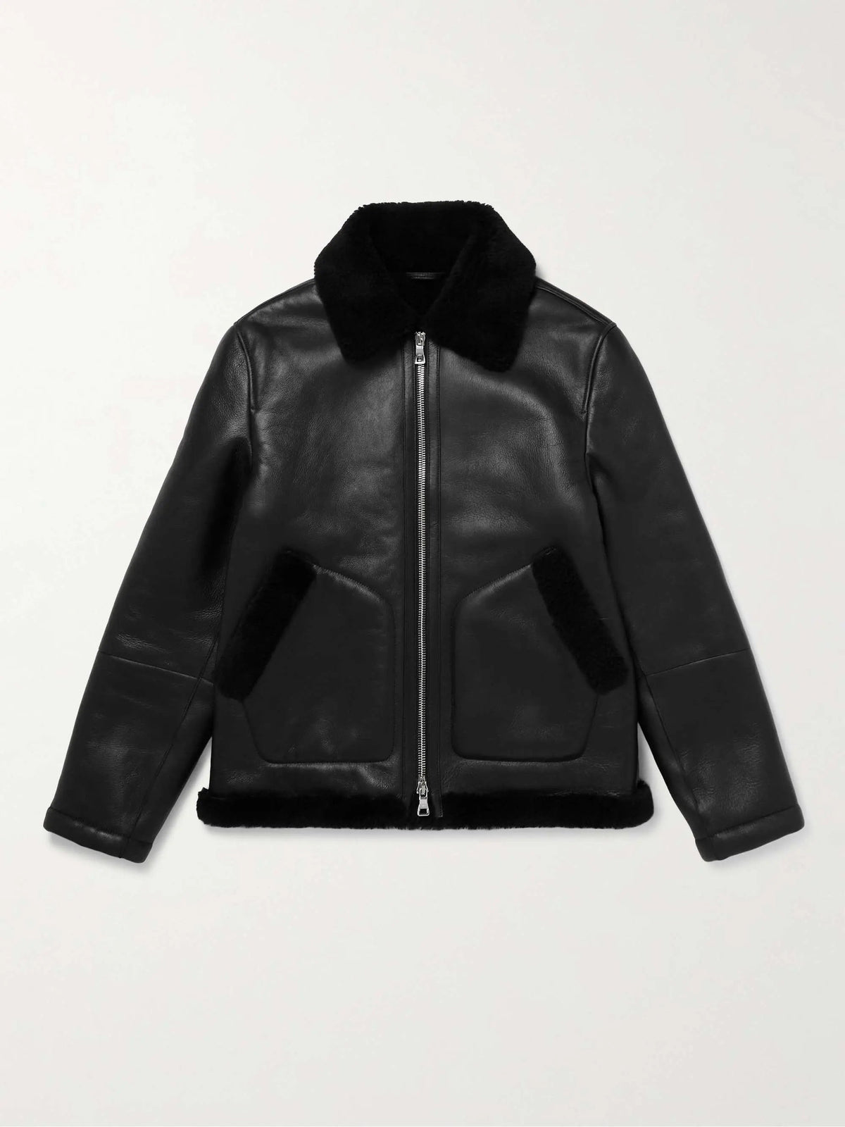 Black leather aviator jacket with plush shearling collar, hem, and pocket trim, featuring a full-zip front closure.