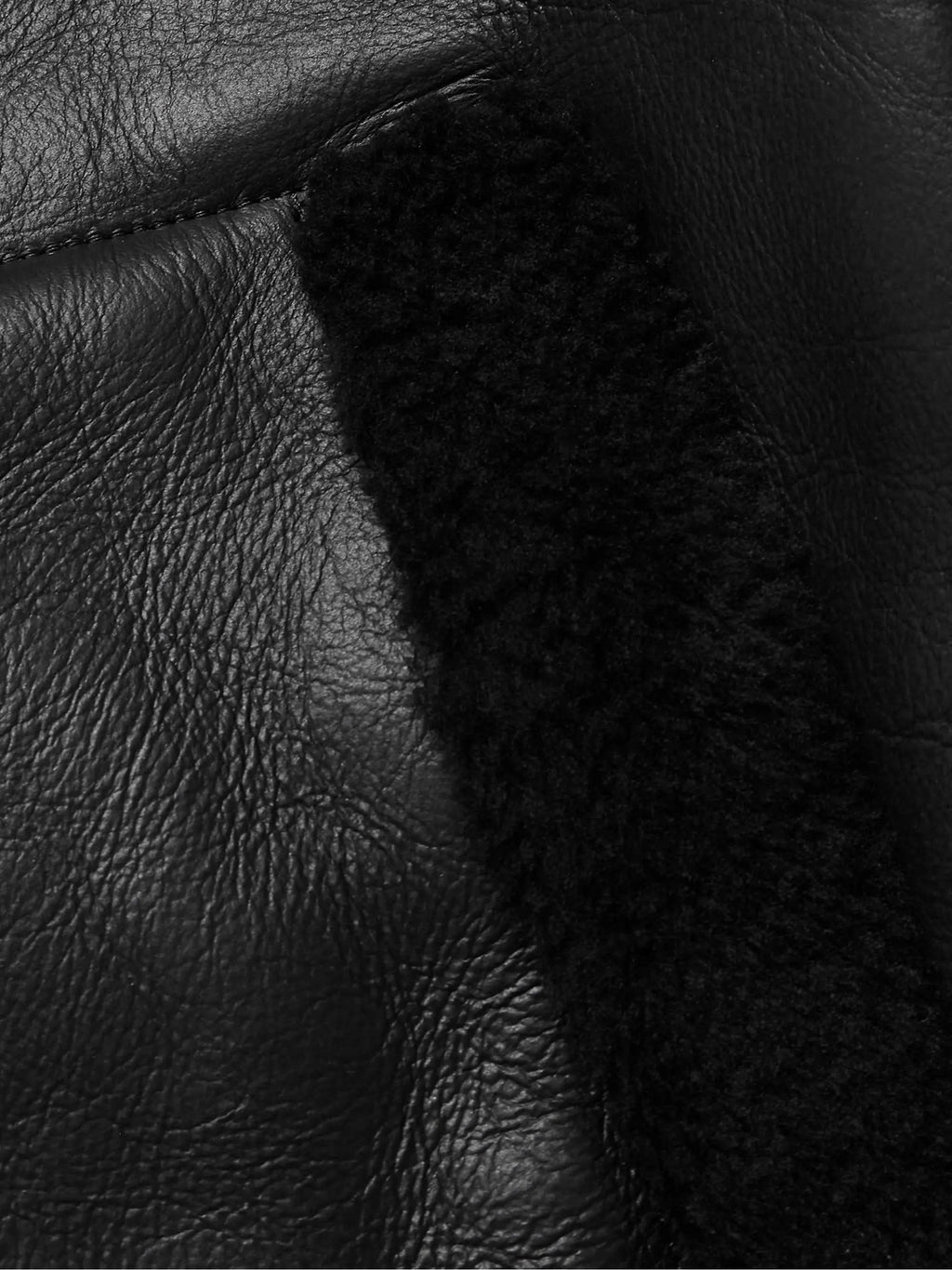 Close-up of a black leather jacket featuring smooth, grained leather panels contrasted with plush, textured shearling trim.
