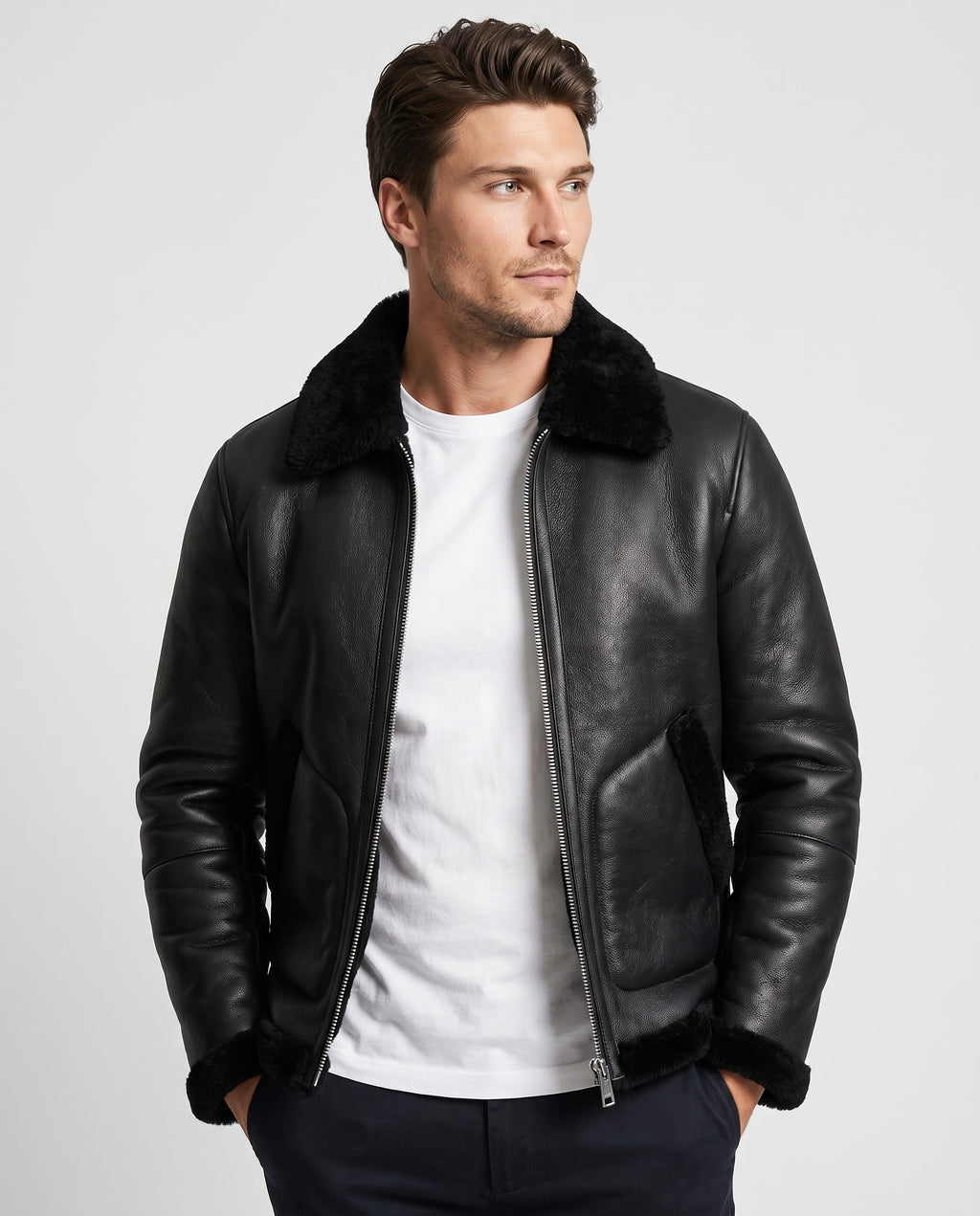Black leather aviator jacket with plush shearling collar, full-zip front, and textured trim on a male model.