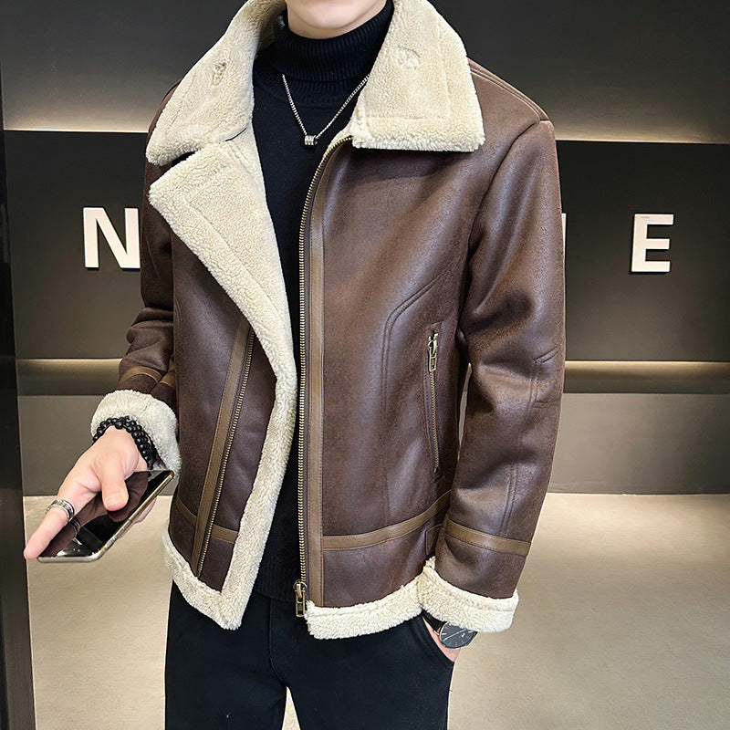 Dark brown leather motorcycle jacket with cream shearling lining, wide aviator collar, and zip-front closure.
