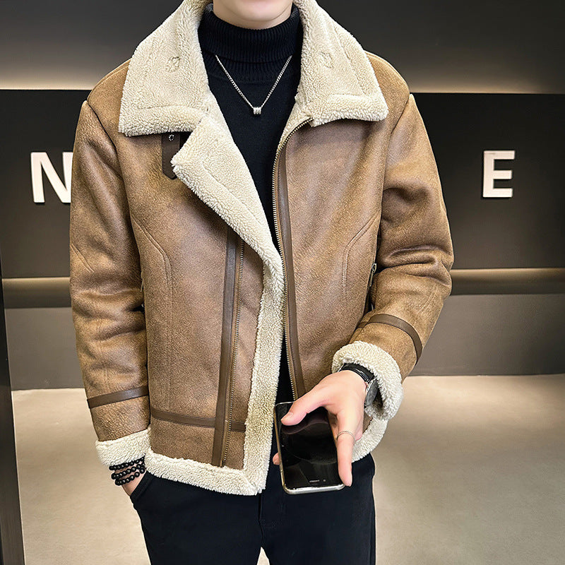Brown shearling motorcycle jacket with a plush cream collar, fleece lining, and structured leather-finish exterior.
