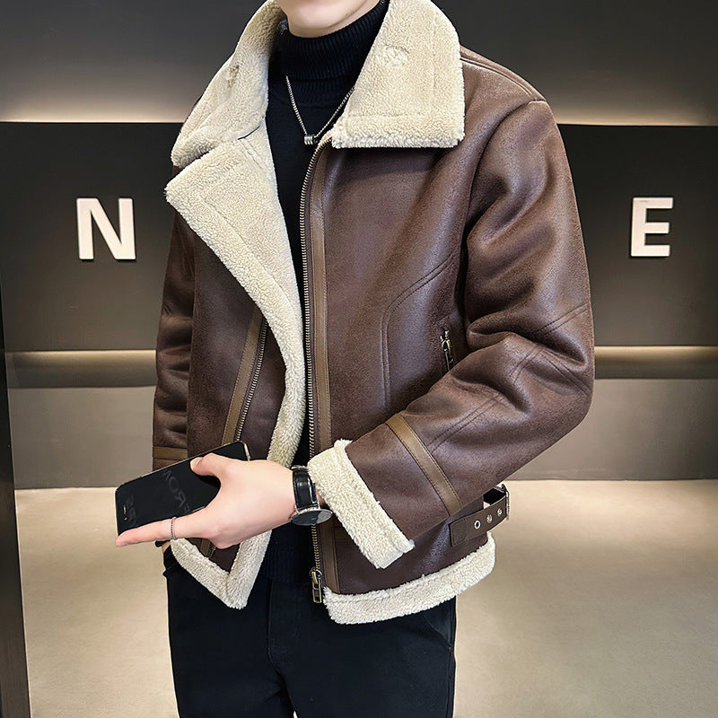 Dark brown leather motorcycle jacket with cream shearling lining, wide aviator collar, and zip-front closure.