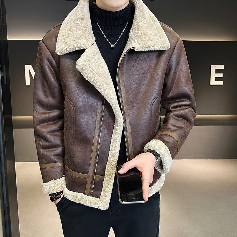 Dark brown leather motorcycle jacket with cream shearling lining, wide aviator collar, and zip-front closure.