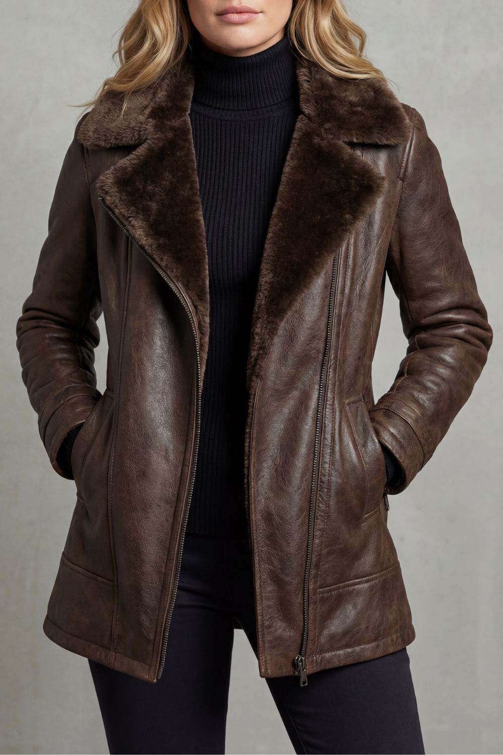 Brown vegan leather jacket with a plush shearling collar, tailored fit, and full zip front worn over a black turtleneck.