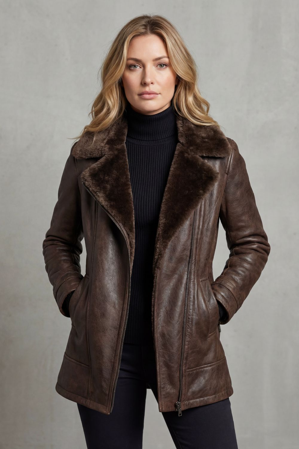 Brown vegan leather jacket with a plush shearling-look collar, tailored fit, and full zip front on a model.