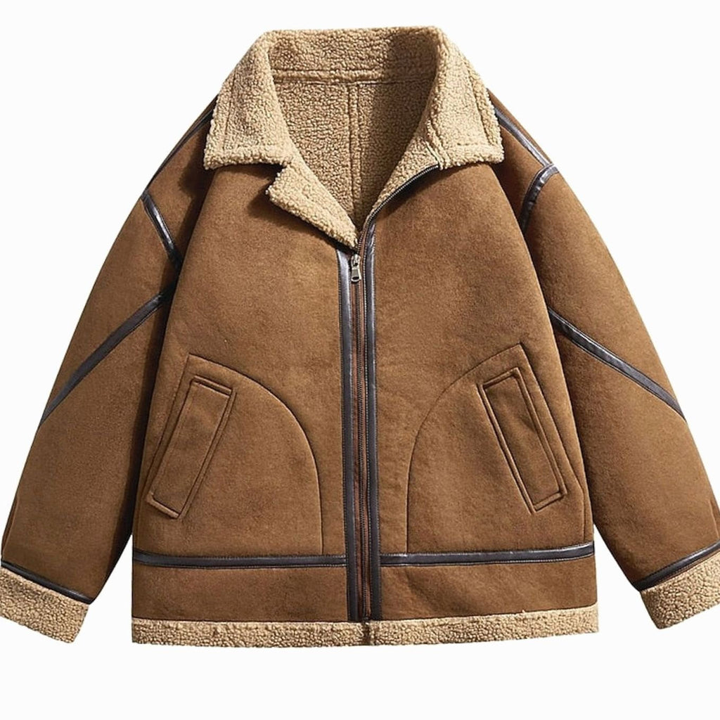 Brown suede aviator bomber jacket with cream sherpa lining, leather-trim piping, and a full-zip front.
