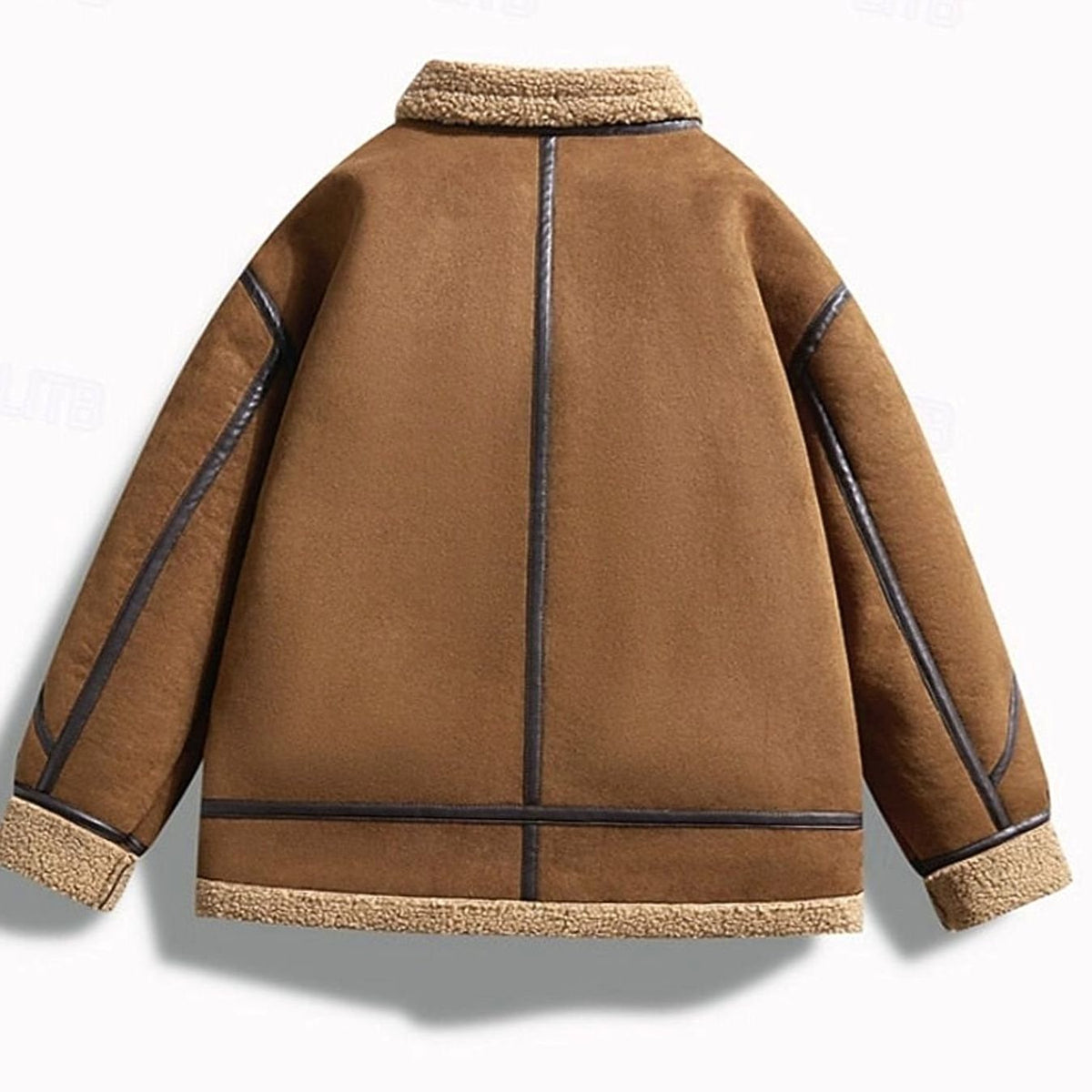 Brown suede aviator bomber jacket with cream sherpa collar, cuffs, and dark leather piping trim on the back.