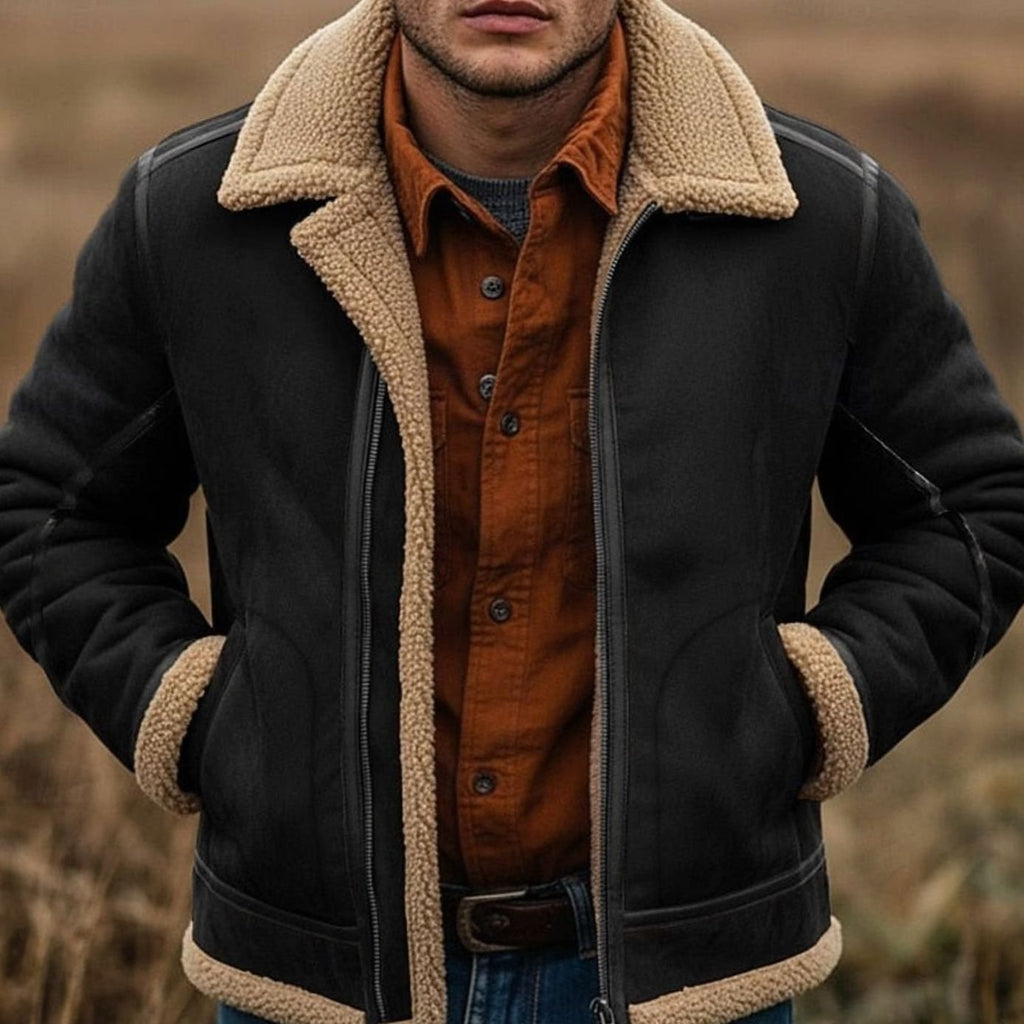 Black suede aviator bomber jacket with cream sherpa lining, leather-trim piping, and a full-zip front.