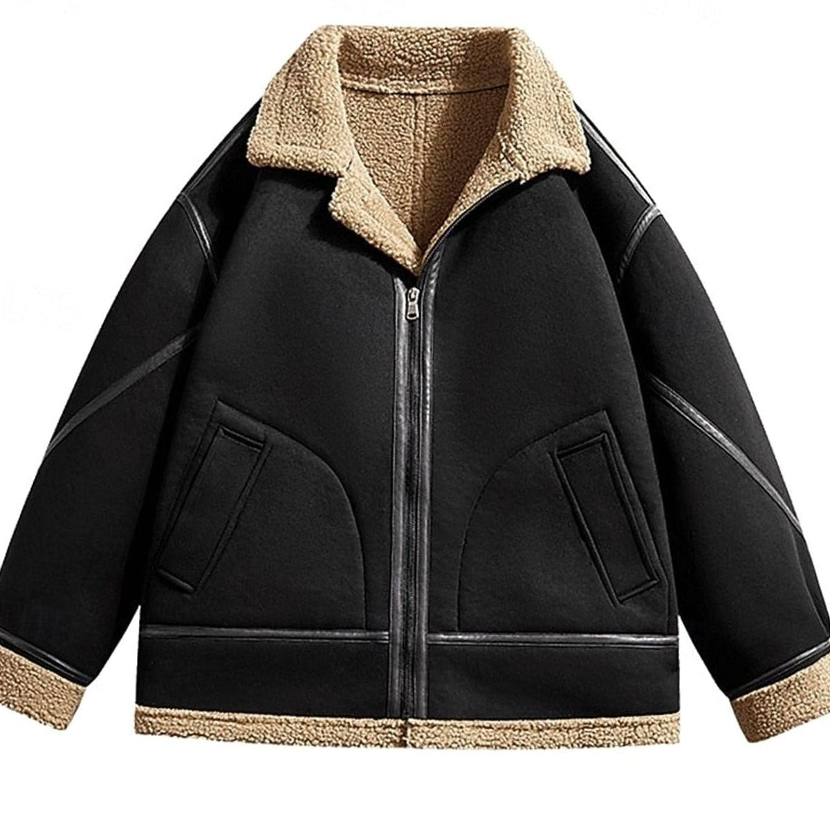 Black suede aviator bomber jacket with cream sherpa lining, leather-trim piping, zip closure, and side pockets.