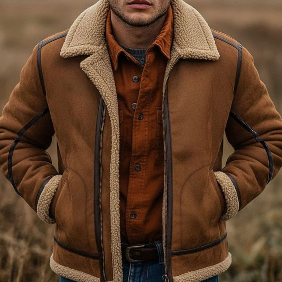 Brown suede aviator bomber jacket with cream sherpa lining, leather trim piping, and a full-zip front.