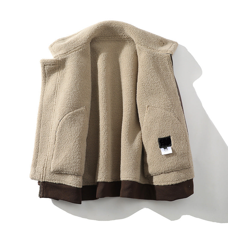 Brown vegan leather aviator jacket featuring a plush beige sherpa interior lining and a structured zip-front design.