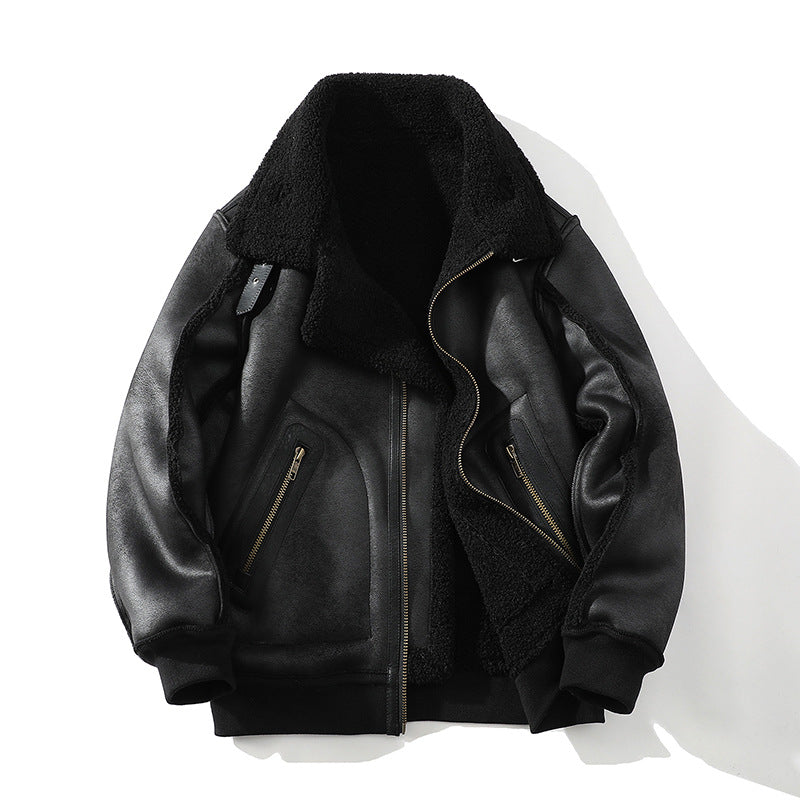 Black vegan leather aviator jacket featuring a plush sherpa-lined collar, interior, and zip pockets.