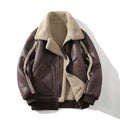 Brown vegan leather aviator jacket with plush cream sherpa lining, oversized collar, and zippered pockets.