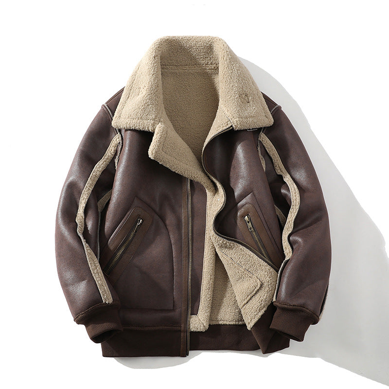 Brown vegan leather aviator jacket with plush cream sherpa lining, oversized collar, and zippered pockets.