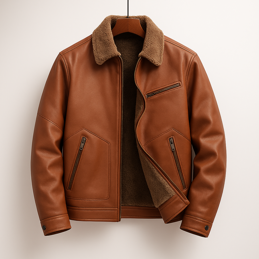 Brown vegan leather aviator jacket with a plush sherpa collar, interior lining, and functional zip pockets.
