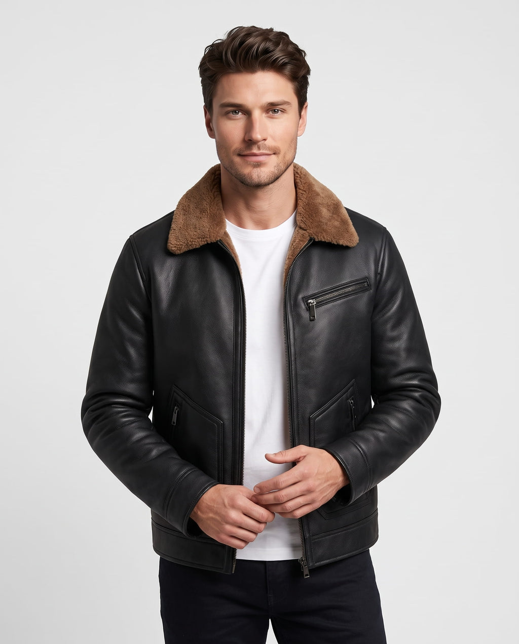 Black vegan leather aviator jacket featuring a plush brown sherpa collar, zip-front closure, and angled chest pockets.