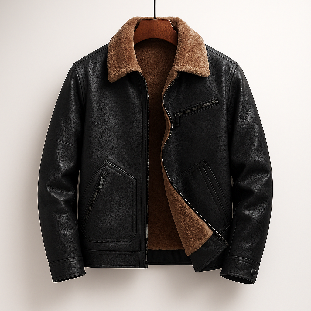 Black vegan leather aviator jacket with a plush brown sherpa collar and interior lining, featuring a front zip closure.