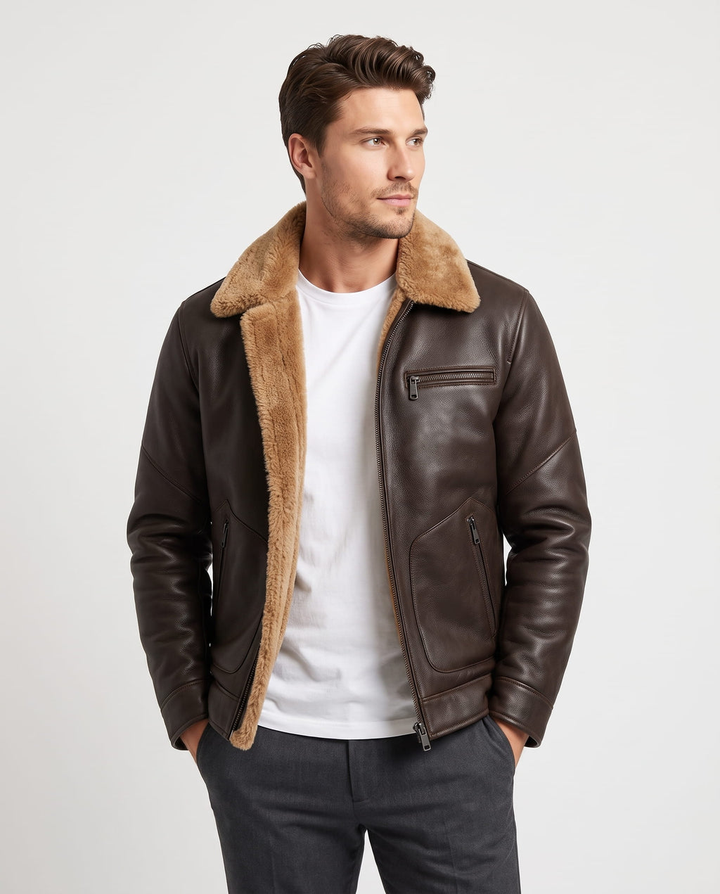 Dark brown vegan leather aviator jacket with a plush tan sherpa collar and lining, featuring a zip front and side pockets.