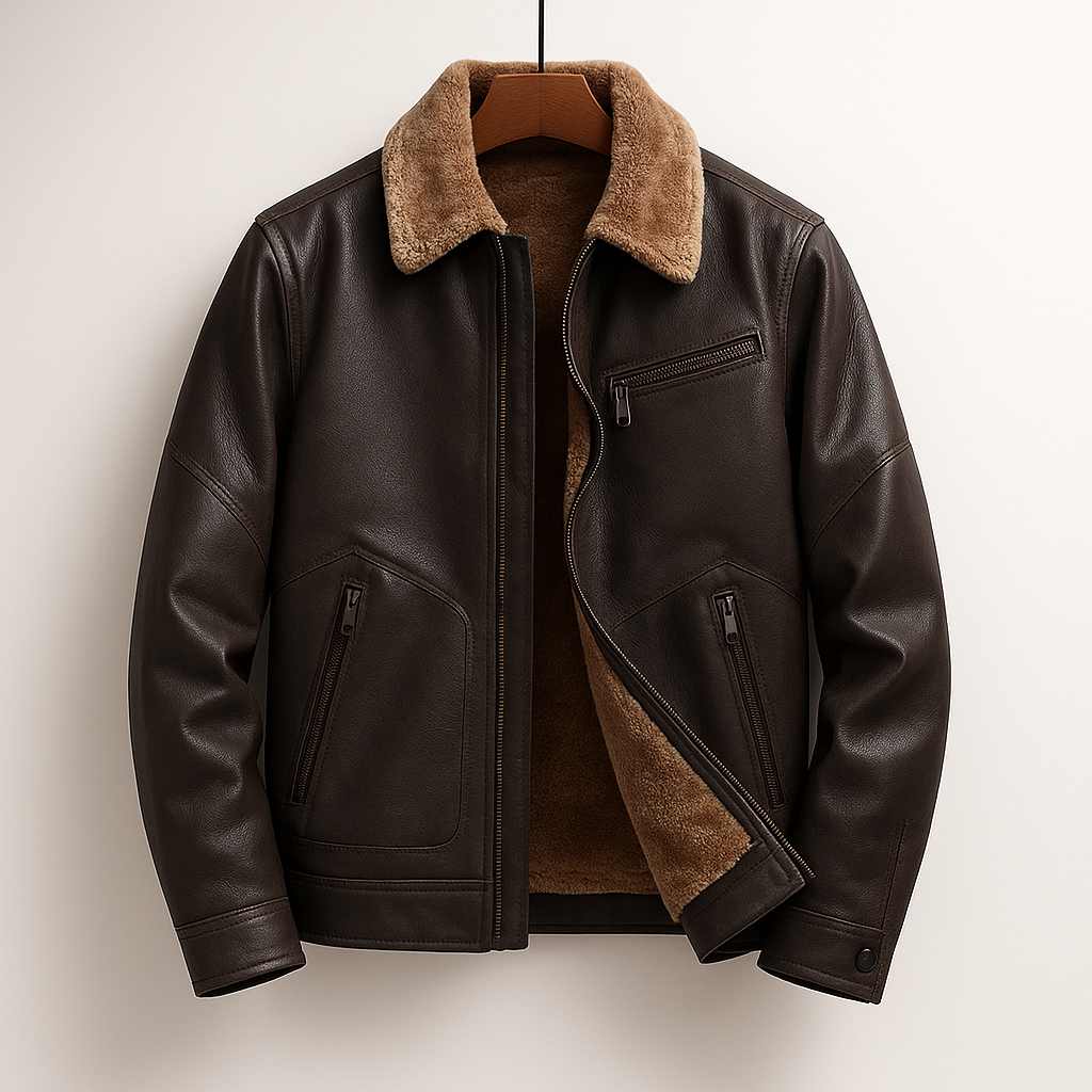 Dark brown vegan leather aviator jacket with a plush sherpa collar, interior lining, and functional zip pockets.