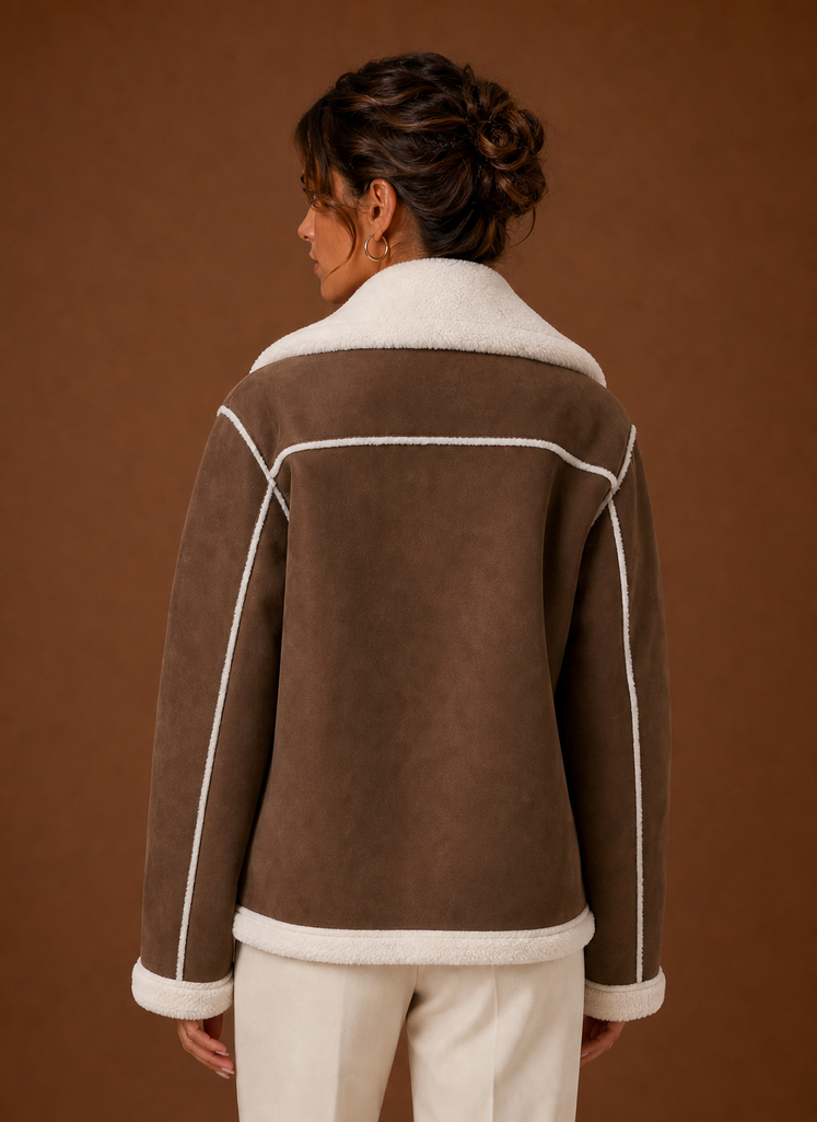 Brown suede-look aviator jacket with plush white sherpa collar, cuffs, and hem trim, featuring a tailored, layered fit.