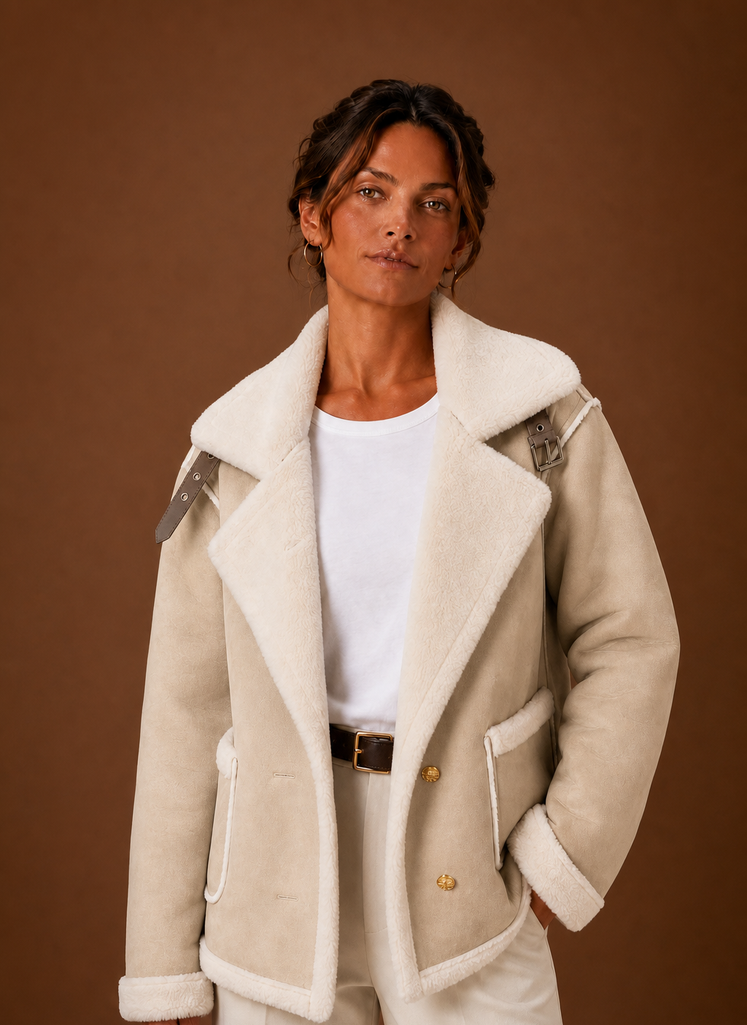 Beige suede-look aviator jacket with plush white sherpa collar, cuffs, and pocket trim in a tailored, layered fit.