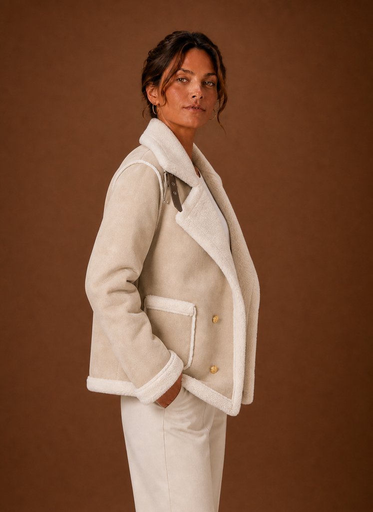 Cream suede-look aviator jacket with plush sherpa collar, cuffs, and pocket trim in a tailored, layered fit.