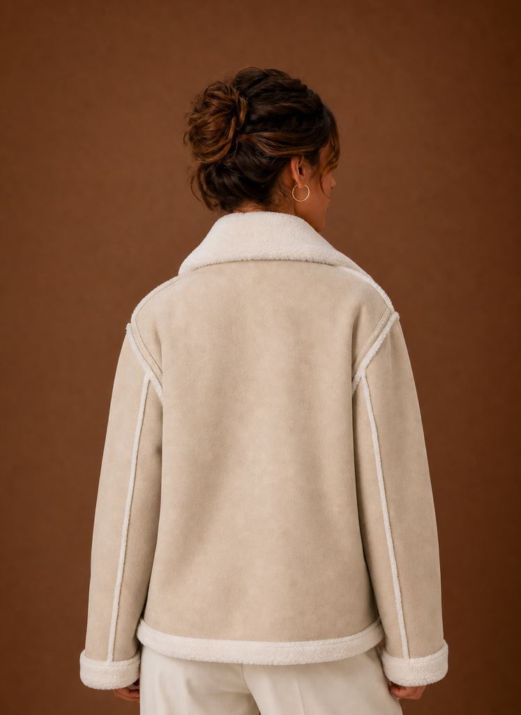 Beige suede-look aviator jacket with plush white sherpa collar, cuffs, and hem detailing, viewed from the back.