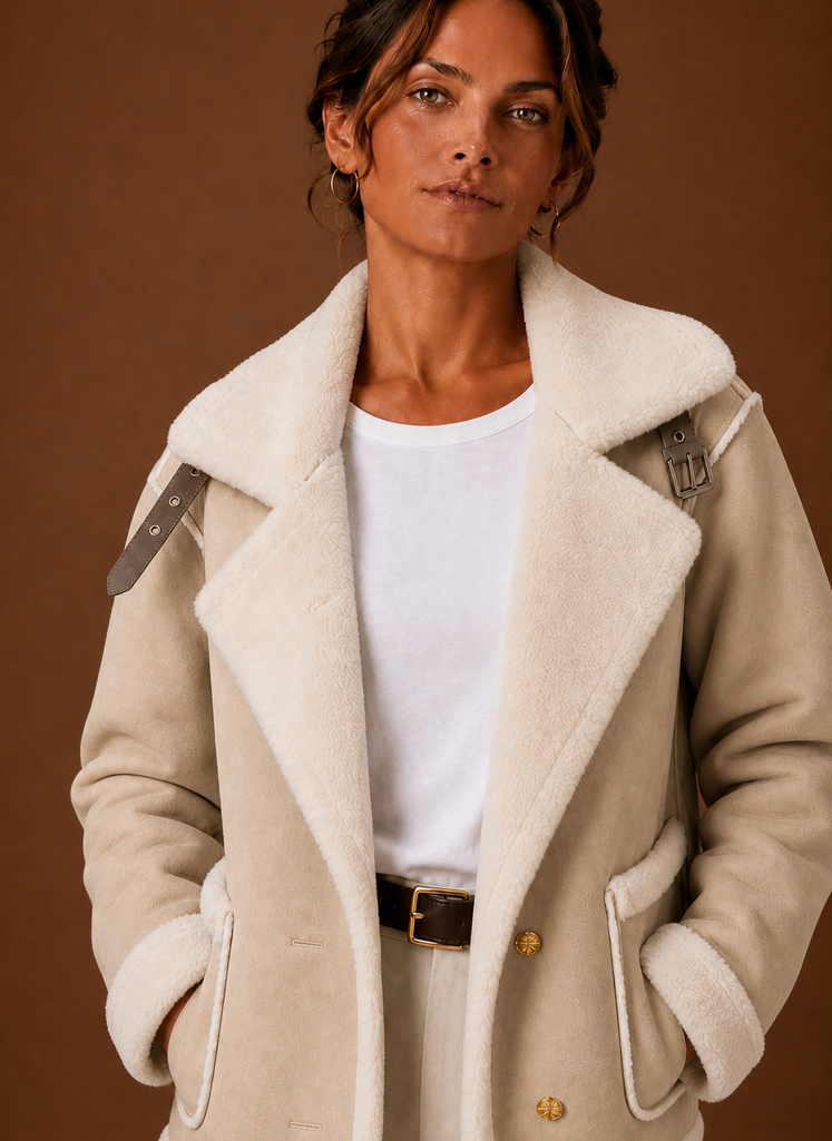 Beige suede-look aviator jacket with plush cream sherpa lapels, cuffs, and pocket trim in a tailored, layered fit.