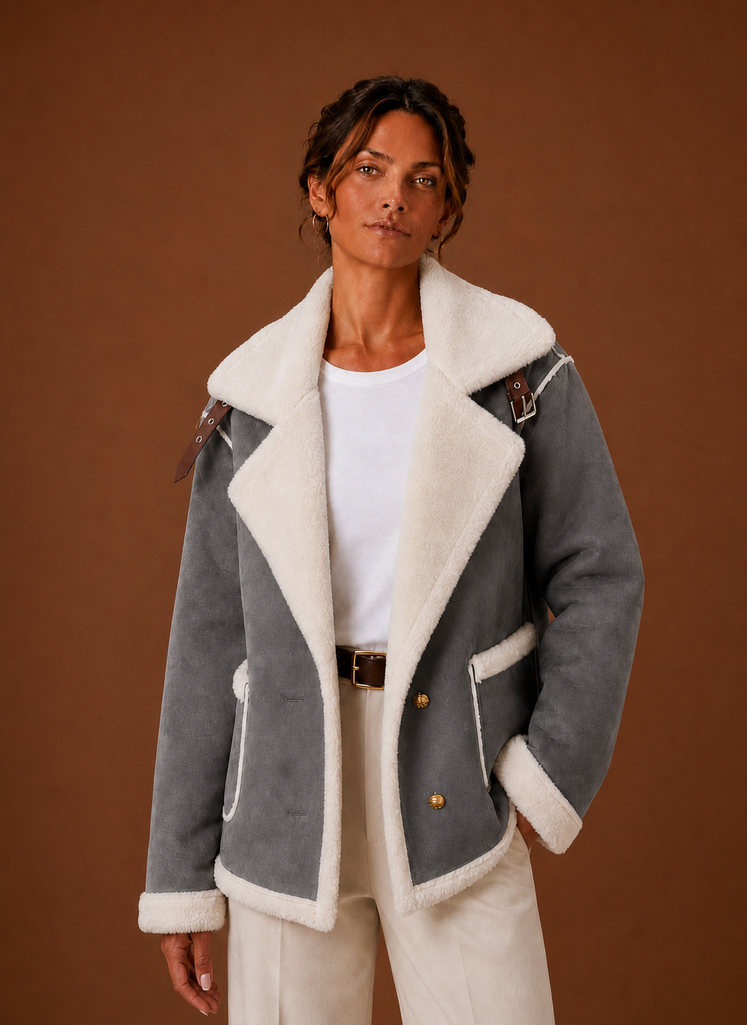 Gray suede-look aviator jacket with plush cream sherpa lining, wide lapels, and buckled collar details.