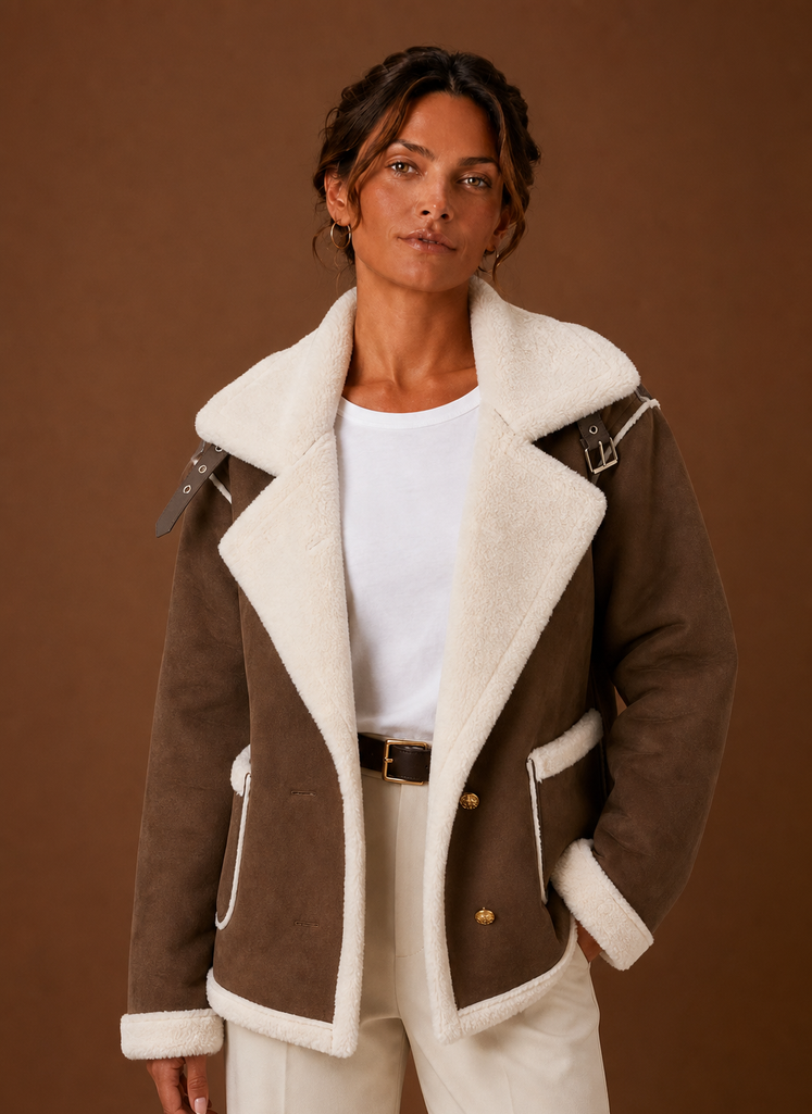Brown suede-look aviator jacket with plush white sherpa collar, cuffs, and pocket trim in a tailored, layered fit.