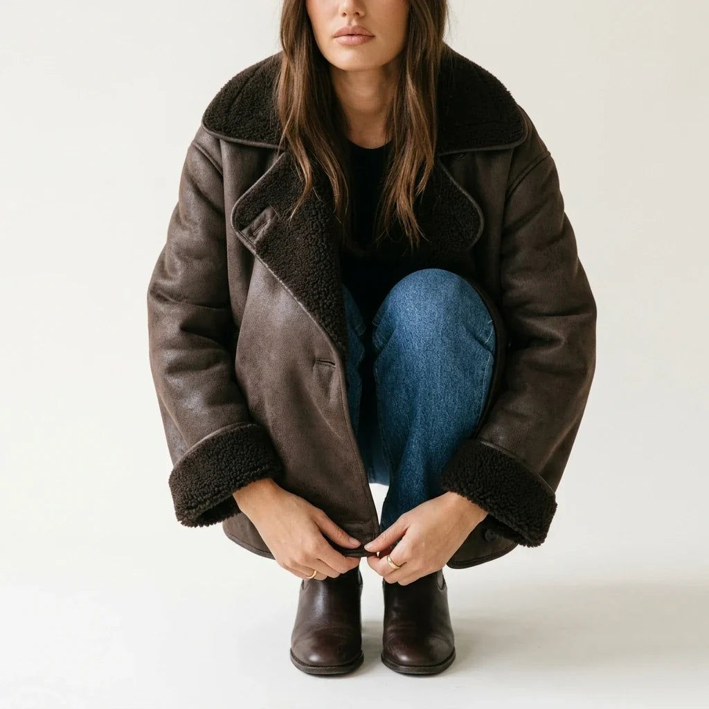 Oversized brown vegan suede jacket with plush dark sherpa lining, wide lapels, and a double-breasted button front.
