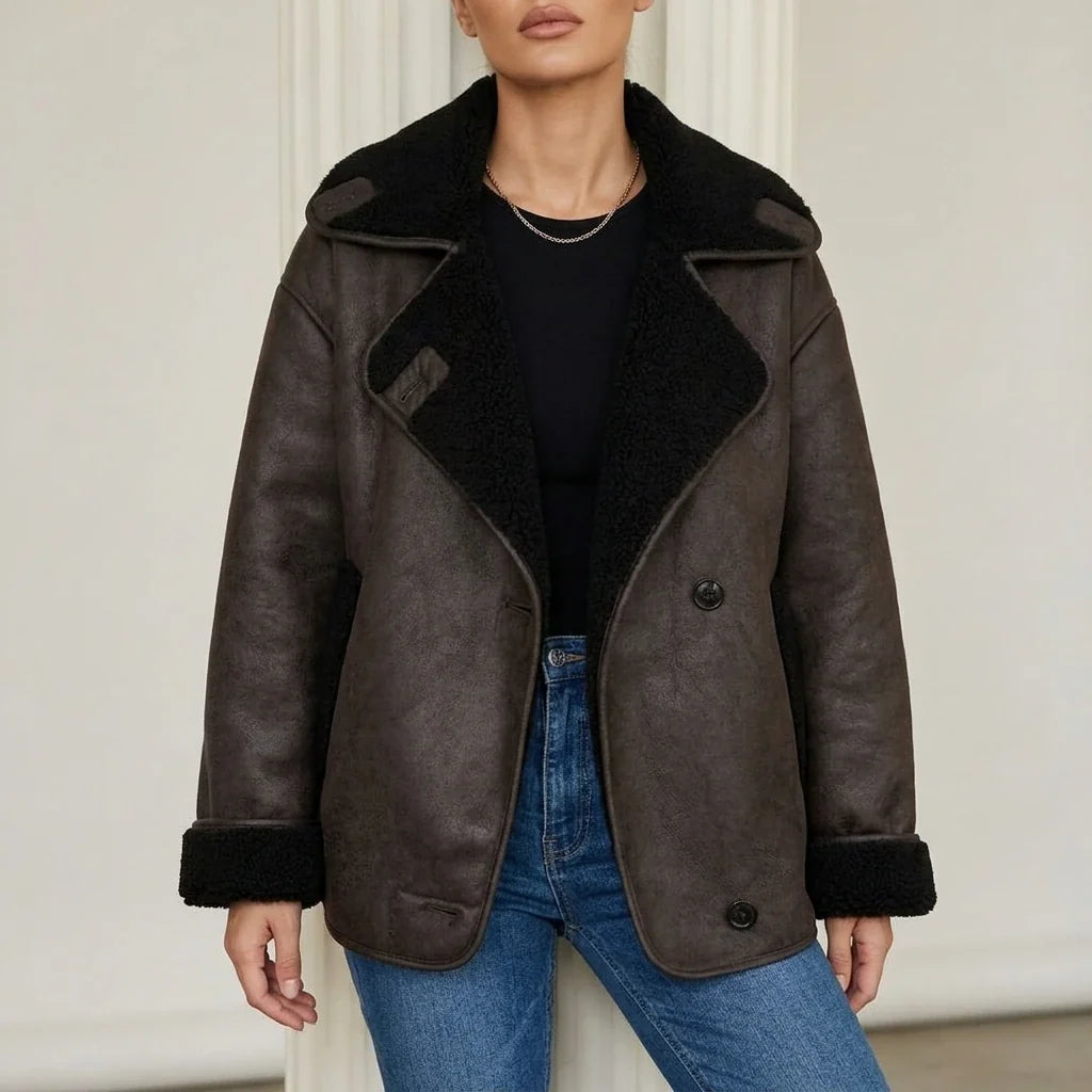 Oversized dark brown vegan suede jacket with black sherpa lining, wide lapels, and a double-breasted button front.