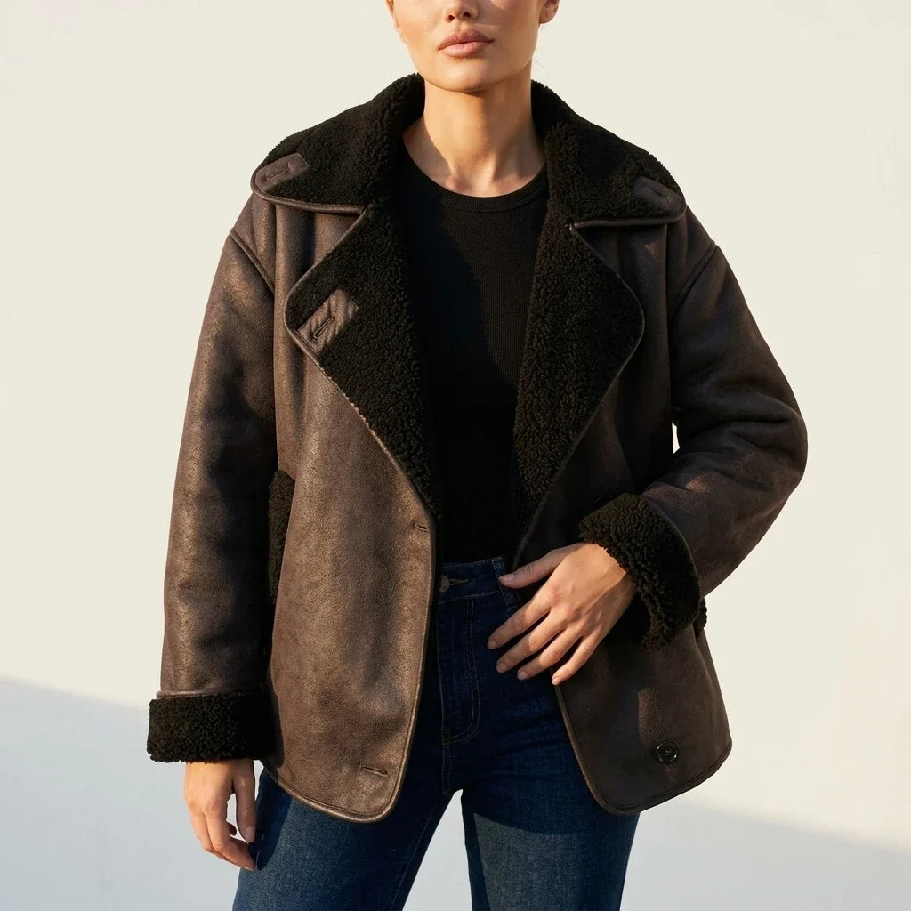 Oversized brown vegan suede jacket with black sherpa lining, wide lapels, and a double-breasted button front.