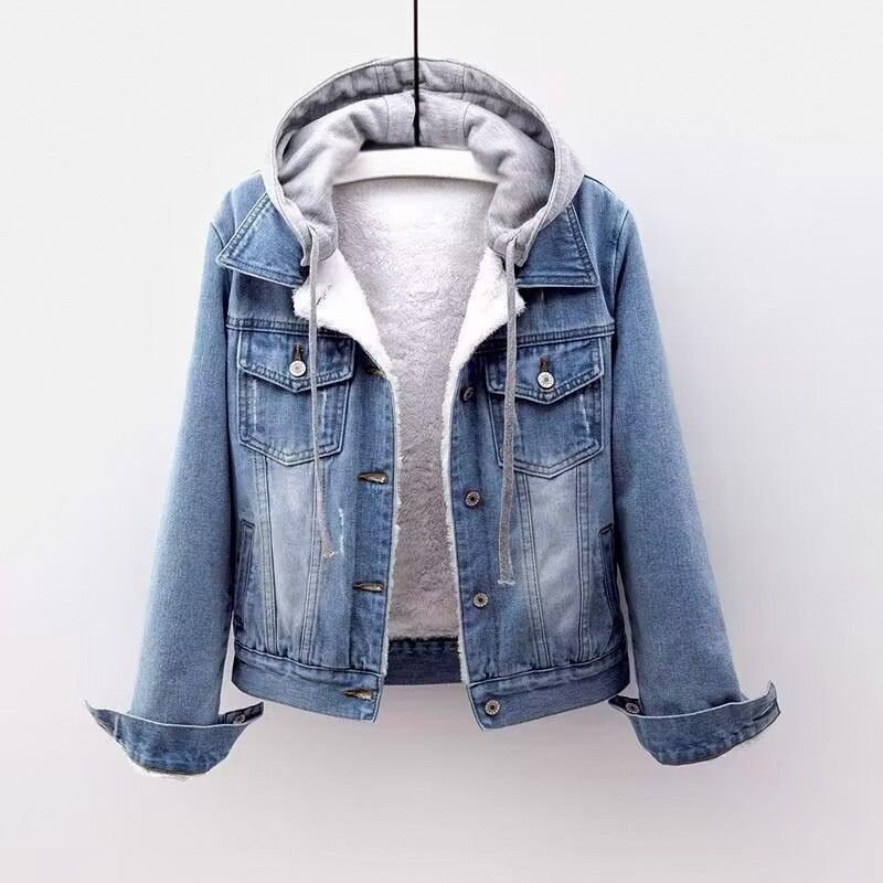 Women's light blue denim jacket with a gray hood, button-front design, chest flap pockets, and rolled sleeve cuffs.