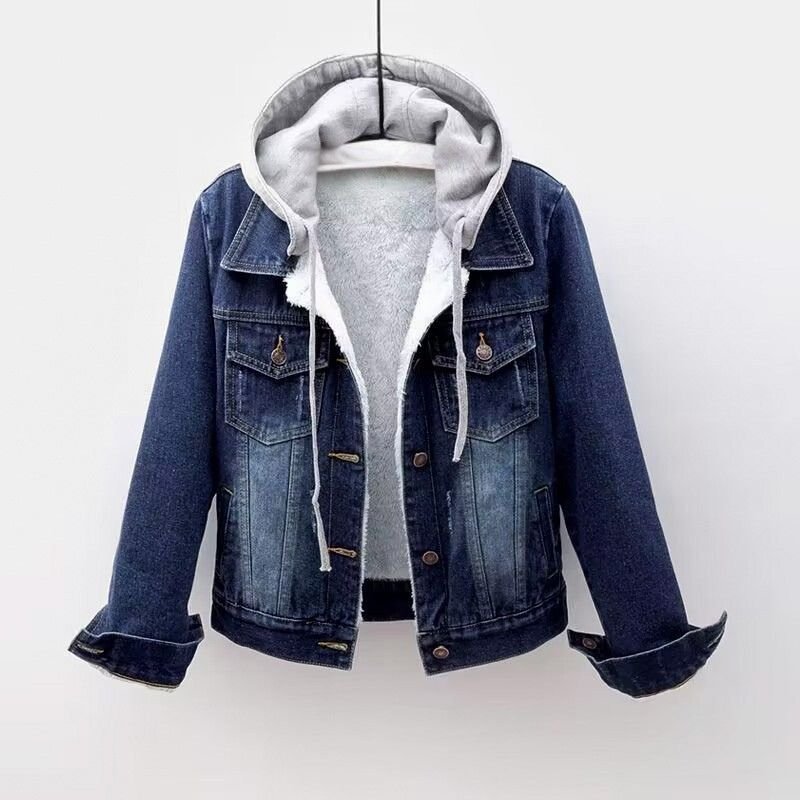Women's dark blue denim jacket with a detachable gray hood, button-front closure, and chest flap pockets.