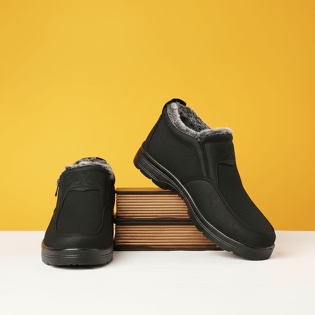 Black side-zip winter boots for men with fur lining, cushioned insert, and rugged tread