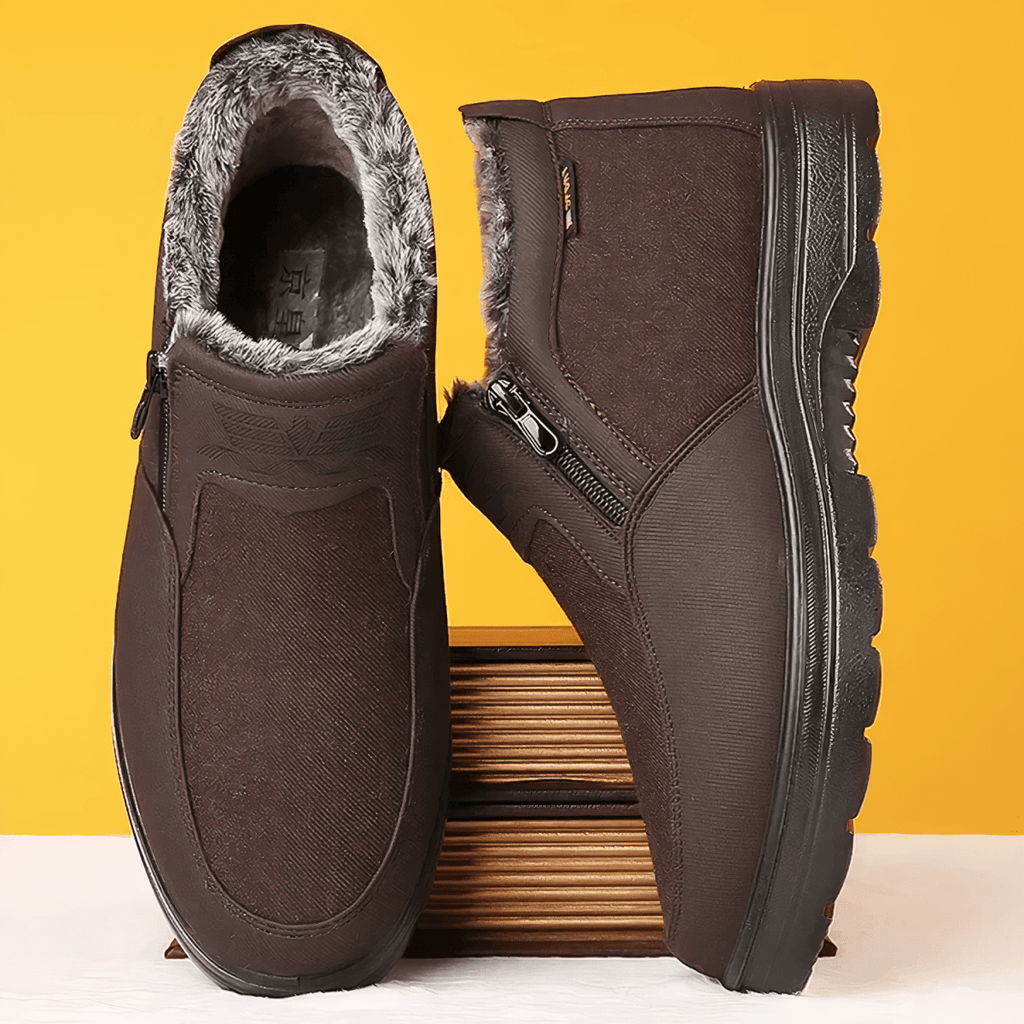 Dark Brown side-zip winter boots for men with fur lining, cushioned insert, and rugged tread, top view