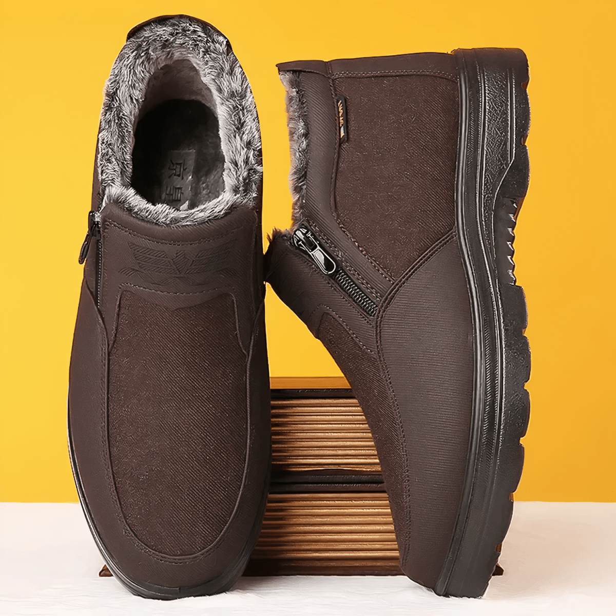 Dark Brown side-zip winter boots for men with fur lining, cushioned insert, and rugged tread, top view