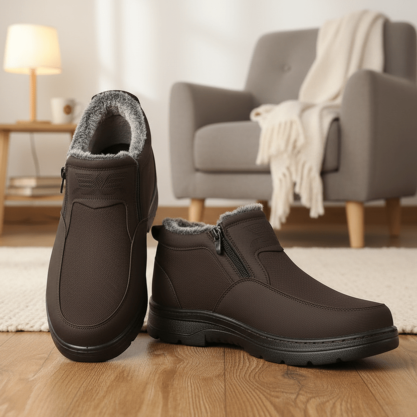 Brown side-zip winter boots for men with fur lining, cushioned insert, and rugged tread