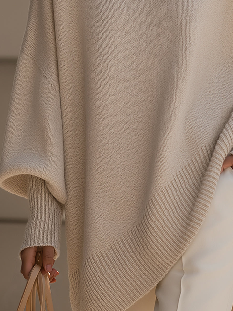 Silvia Oversized Knit Poncho Sweater – Mid-Weight Asymmetric Ribbed Pullover