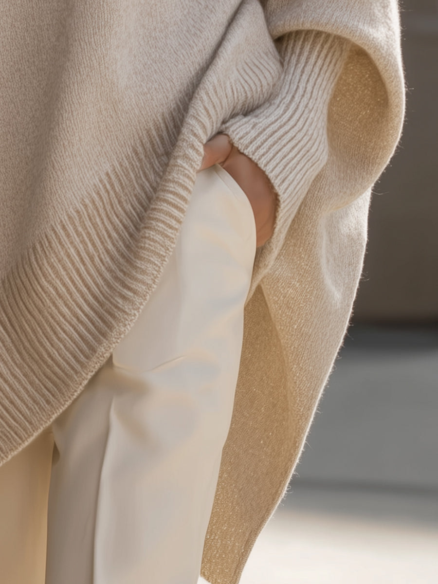 Silvia Oversized Knit Poncho Sweater – Mid-Weight Asymmetric Ribbed Pullover