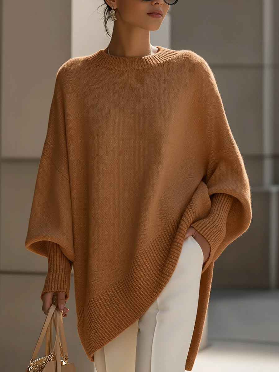 Silvia Oversized Knit Poncho Sweater – Mid-Weight Asymmetric Ribbed Pullover