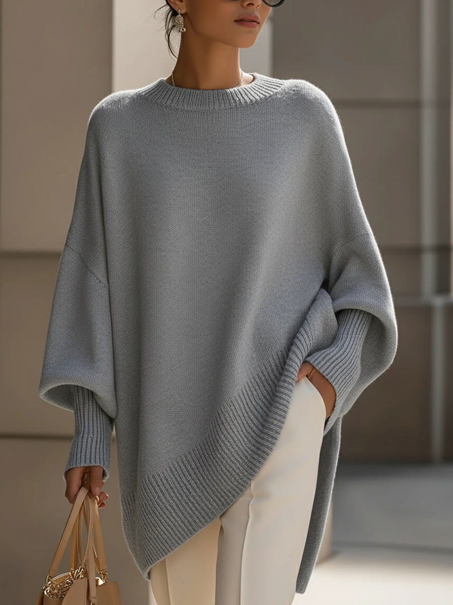 Silvia Oversized Knit Poncho Sweater – Mid-Weight Asymmetric Ribbed Pullover
