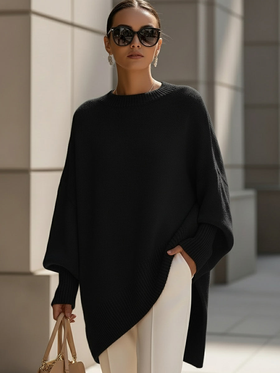 Silvia Oversized Knit Poncho Sweater – Mid-Weight Asymmetric Ribbed Pullover