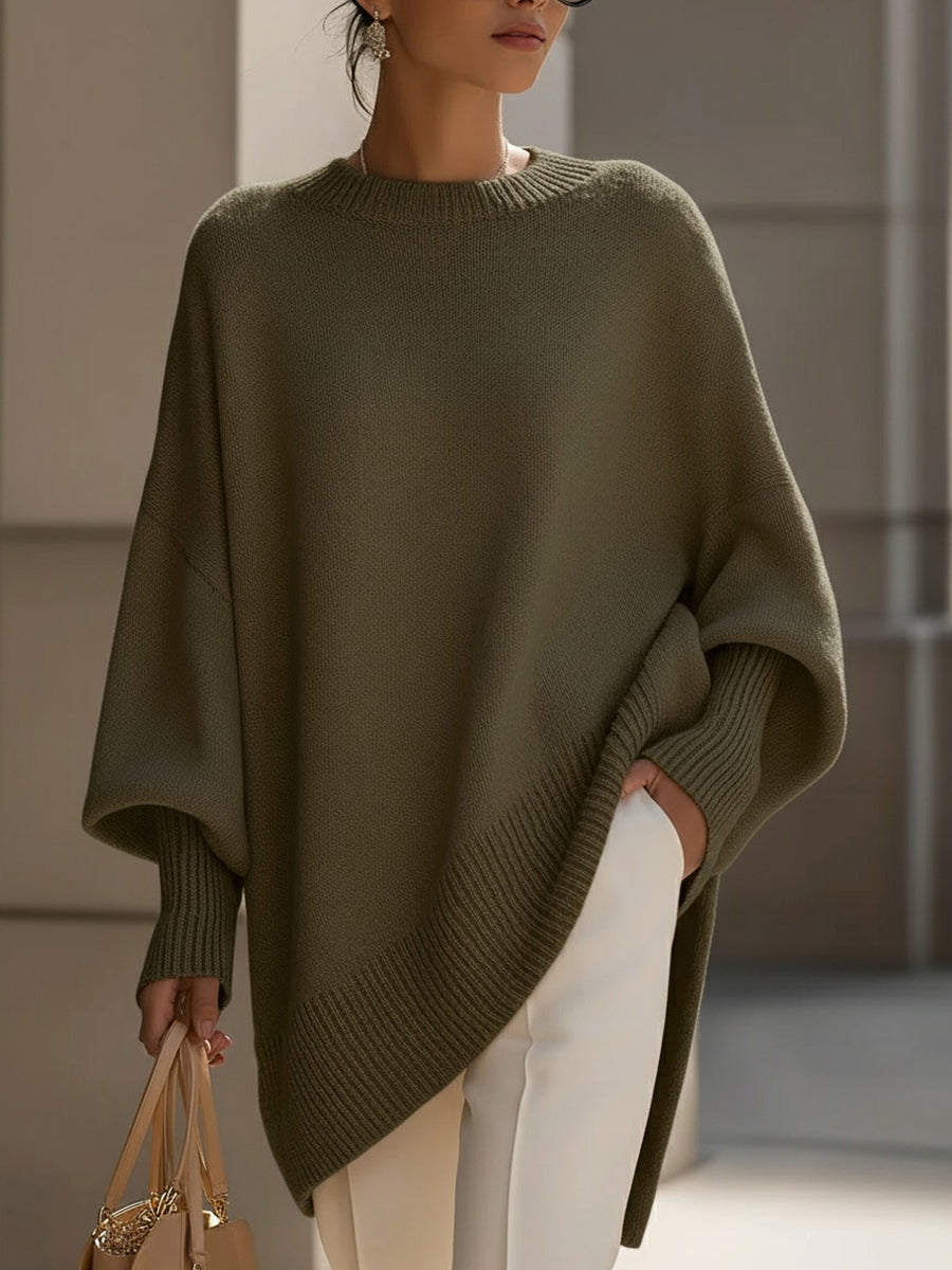 Silvia Oversized Knit Poncho Sweater – Mid-Weight Asymmetric Ribbed Pullover