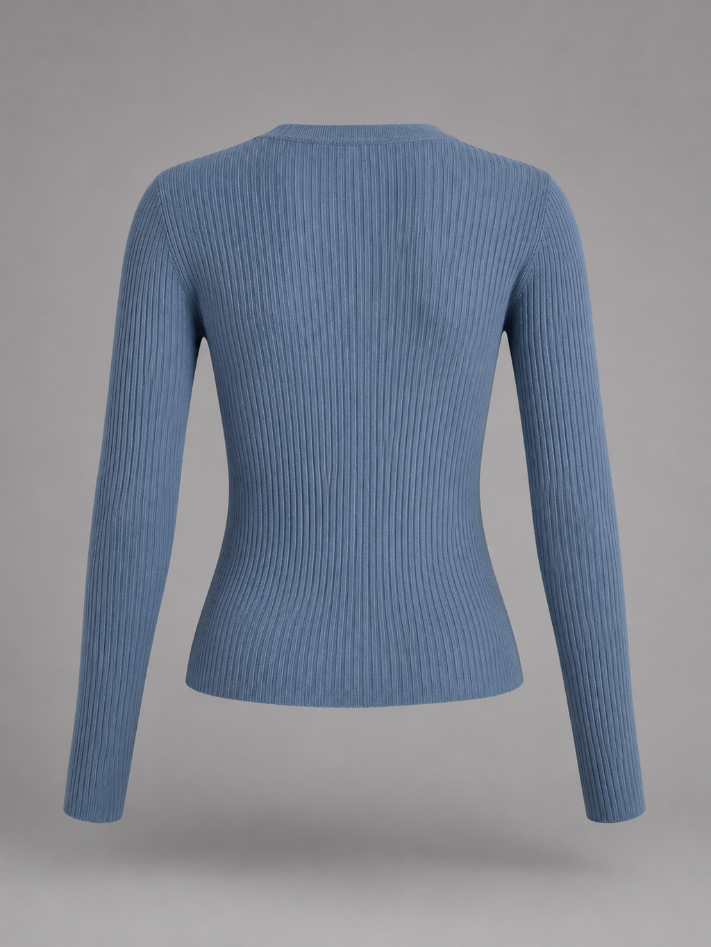 Women's blue ribbed knit button-front sweater with a crew neckline, long sleeves, and a fitted design displayed on a white background.