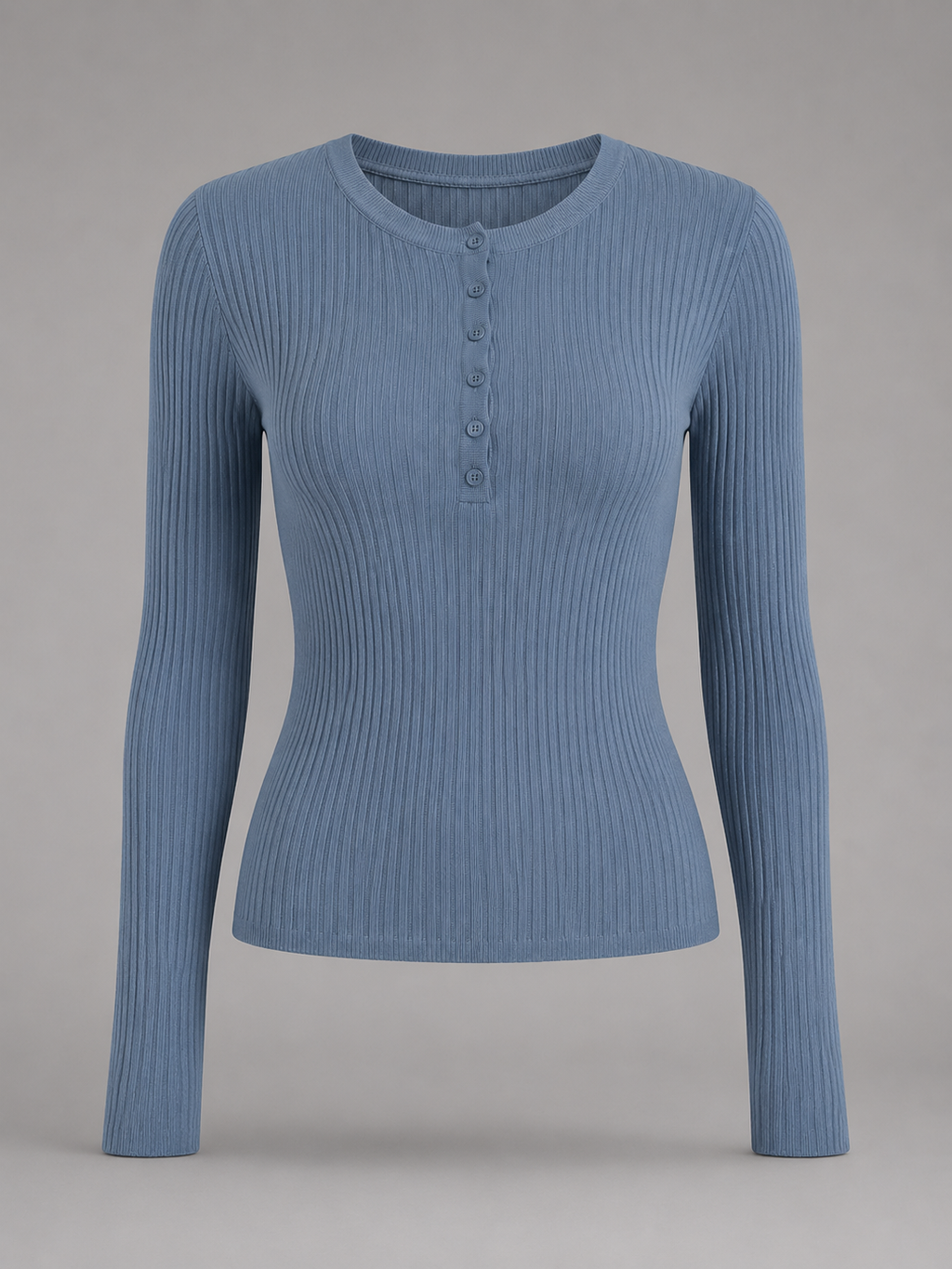 Women's blue long-sleeve ribbed knit sweater featuring a button-front crew neckline and slim fit.