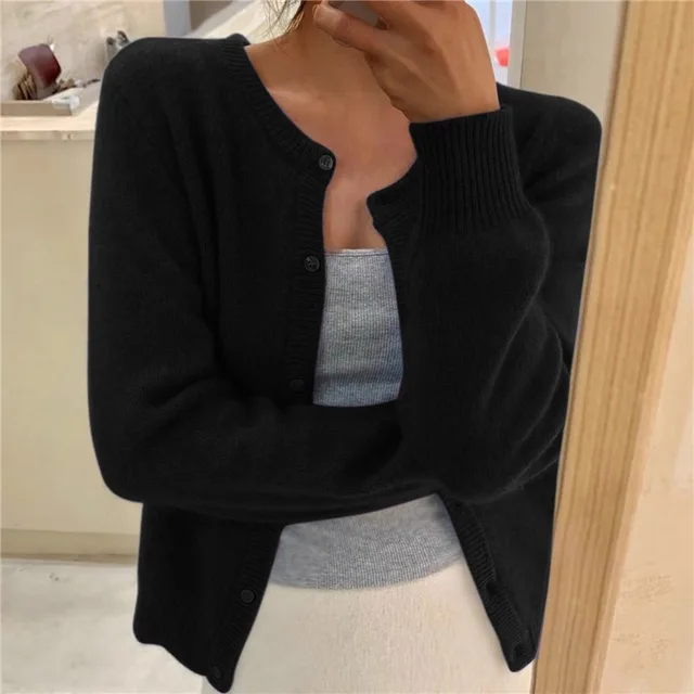 Silvia Soft Knit Cardigan – Round Neck Ribbed Trim Relaxed Fit Sweater
