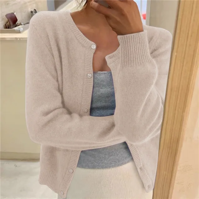 Silvia Soft Knit Cardigan – Round Neck Ribbed Trim Relaxed Fit Sweater